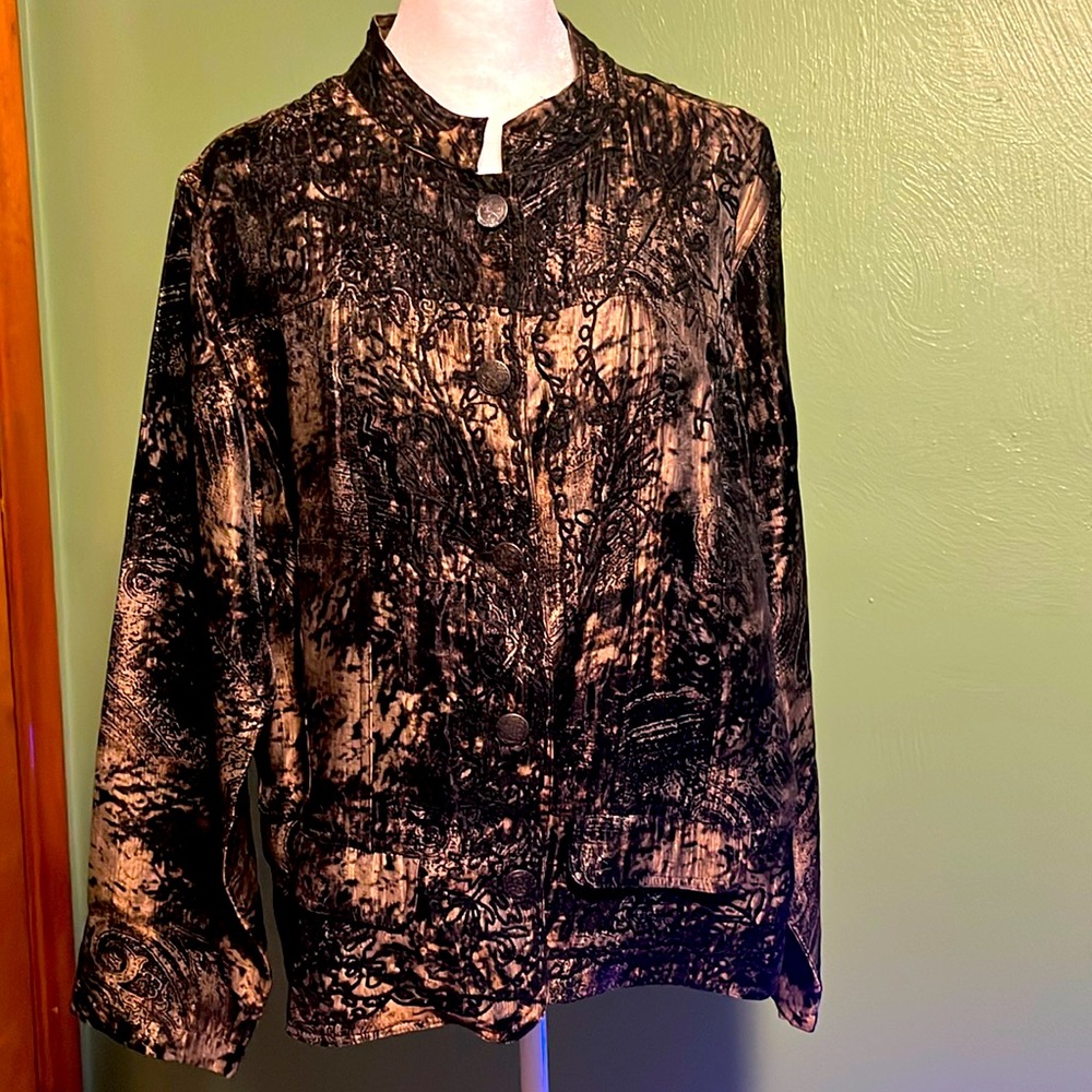 Chico's Women's Long Sleeve Jacket,Embroidered detail/metallic print Chico’s sz3